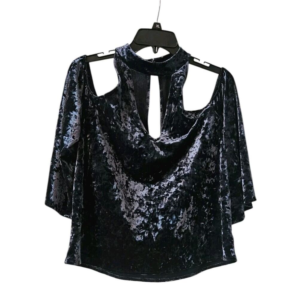 American Eagle Womens Medium Blue Crushed Velvet Cut Out Blouse Top Shirt